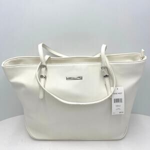 Nine West Womens Large Faux Leather White Tote Bag Silver Hardware Shoulder Bag